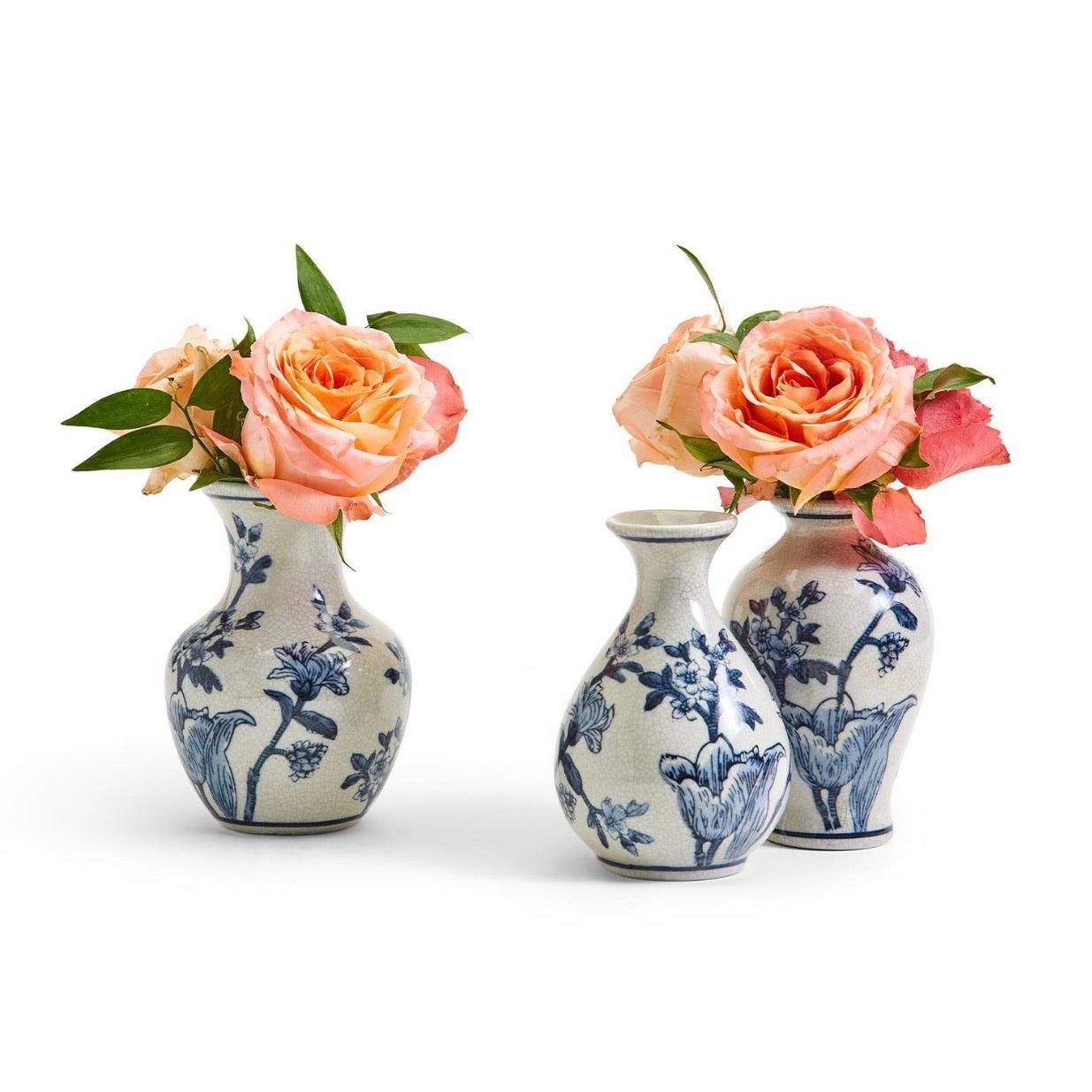 Japanese Floral Chinoiserie Vases - Blue & White Set of 3