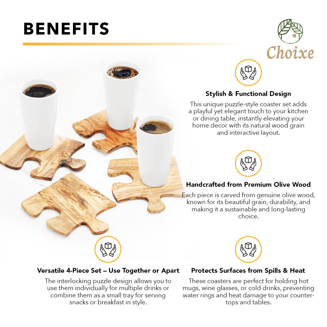 Olive Wood Coaster Puzzle Set - 4-Pack Mediterranean Coasters