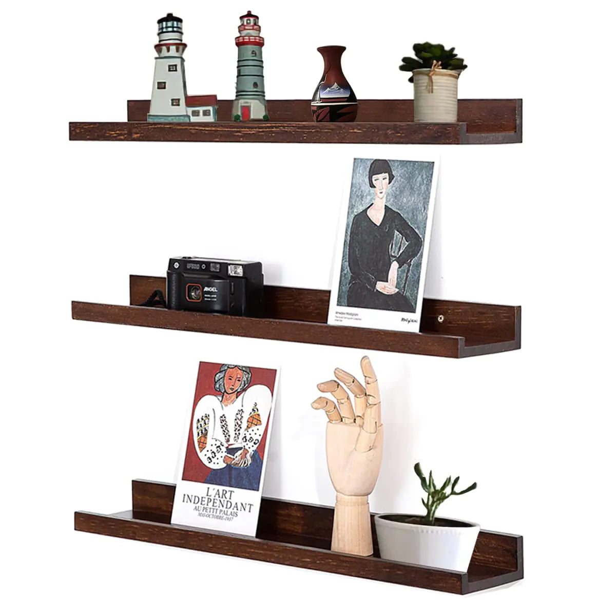 16" Wood Floating Shelves - Set of 3 Wall Mounted Walnut Ledges