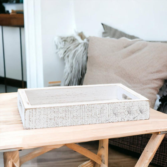 Farmhouse Dandelion Wooden Tray - 10x6 Distressed White