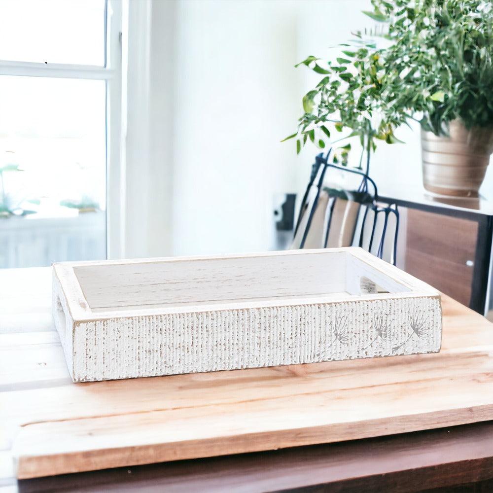 Farmhouse Dandelion Wooden Tray - 10x6 Distressed White