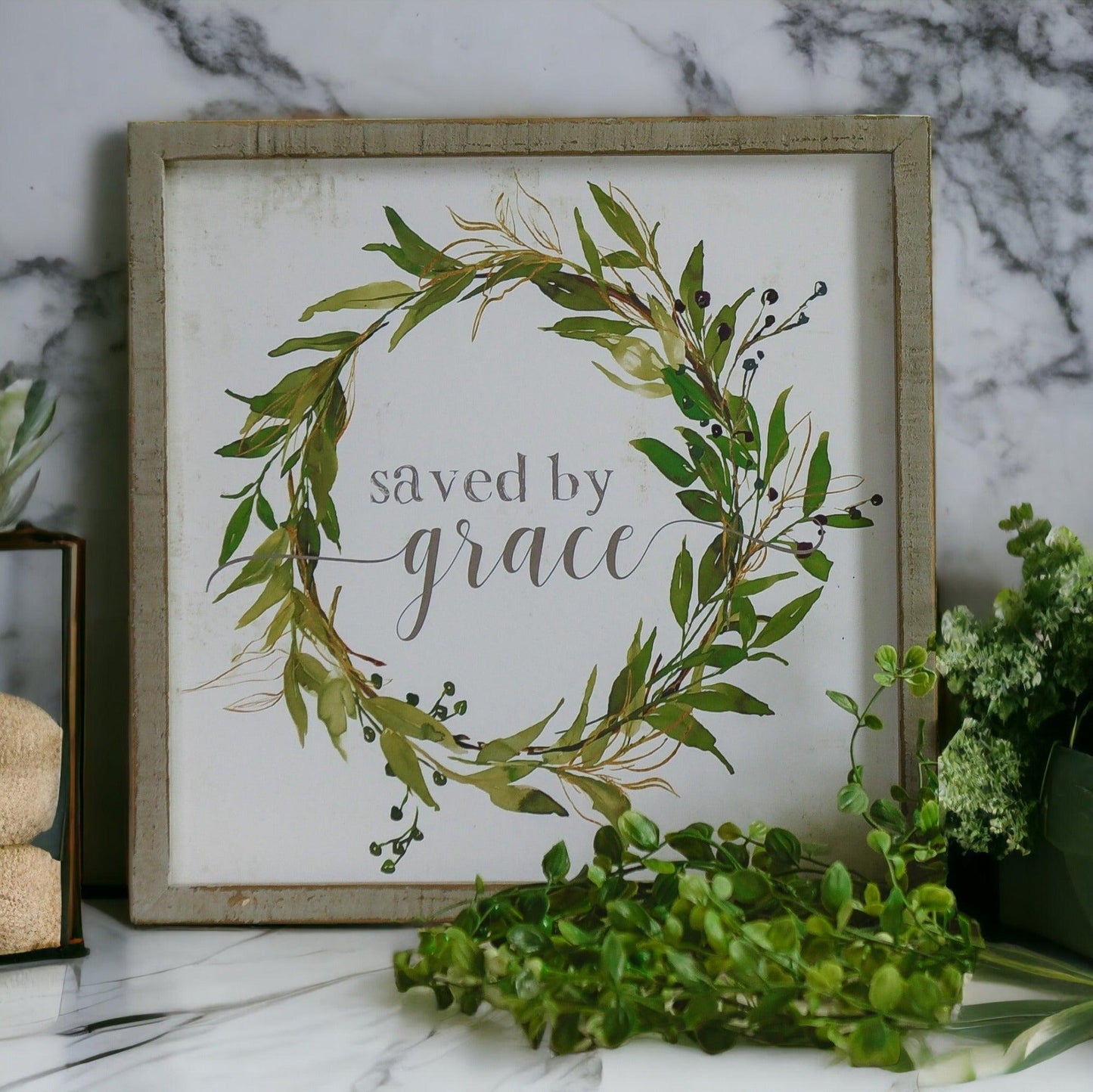 Saved By Grace Wooden Sign - 12x12" Rustic Farmhouse Decor