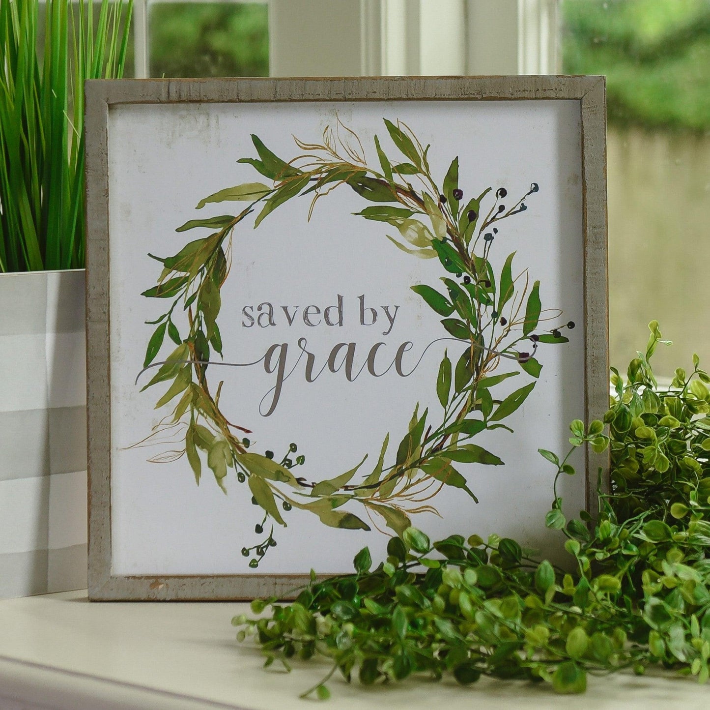 Saved By Grace Wooden Sign - 12x12" Rustic Farmhouse Decor