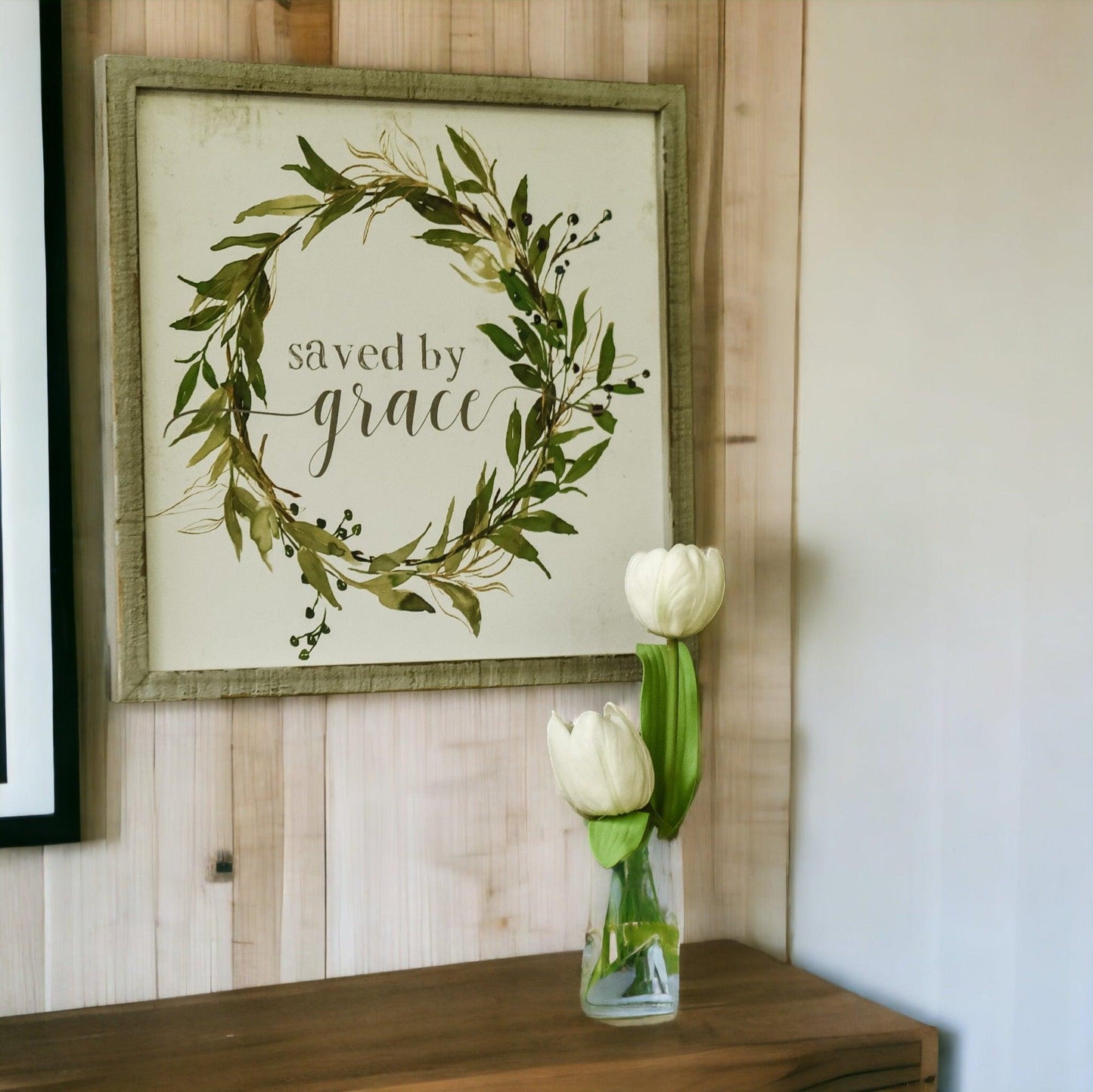 Saved By Grace Wooden Sign - 12x12" Rustic Farmhouse Decor