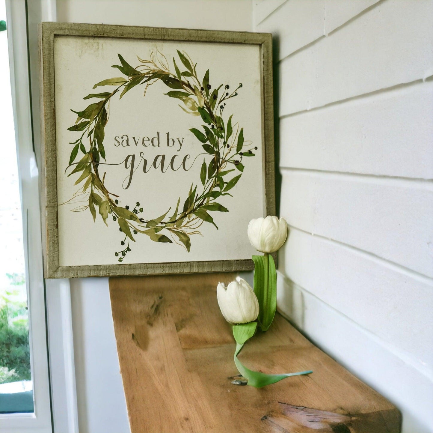 Saved By Grace Wooden Sign - 12x12" Rustic Farmhouse Decor
