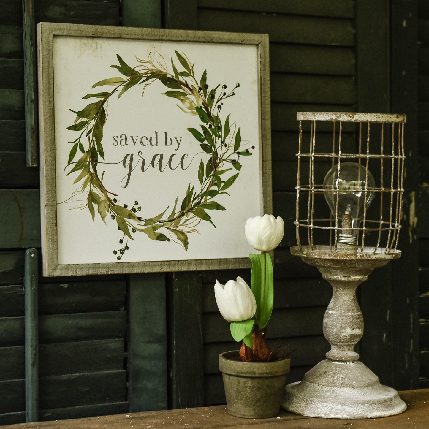 Saved By Grace Wooden Sign - 12x12" Rustic Farmhouse Decor