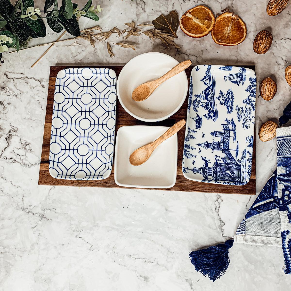 Chinoiserie Tapas Serving Set - 7 Piece Blue & White Porcelain