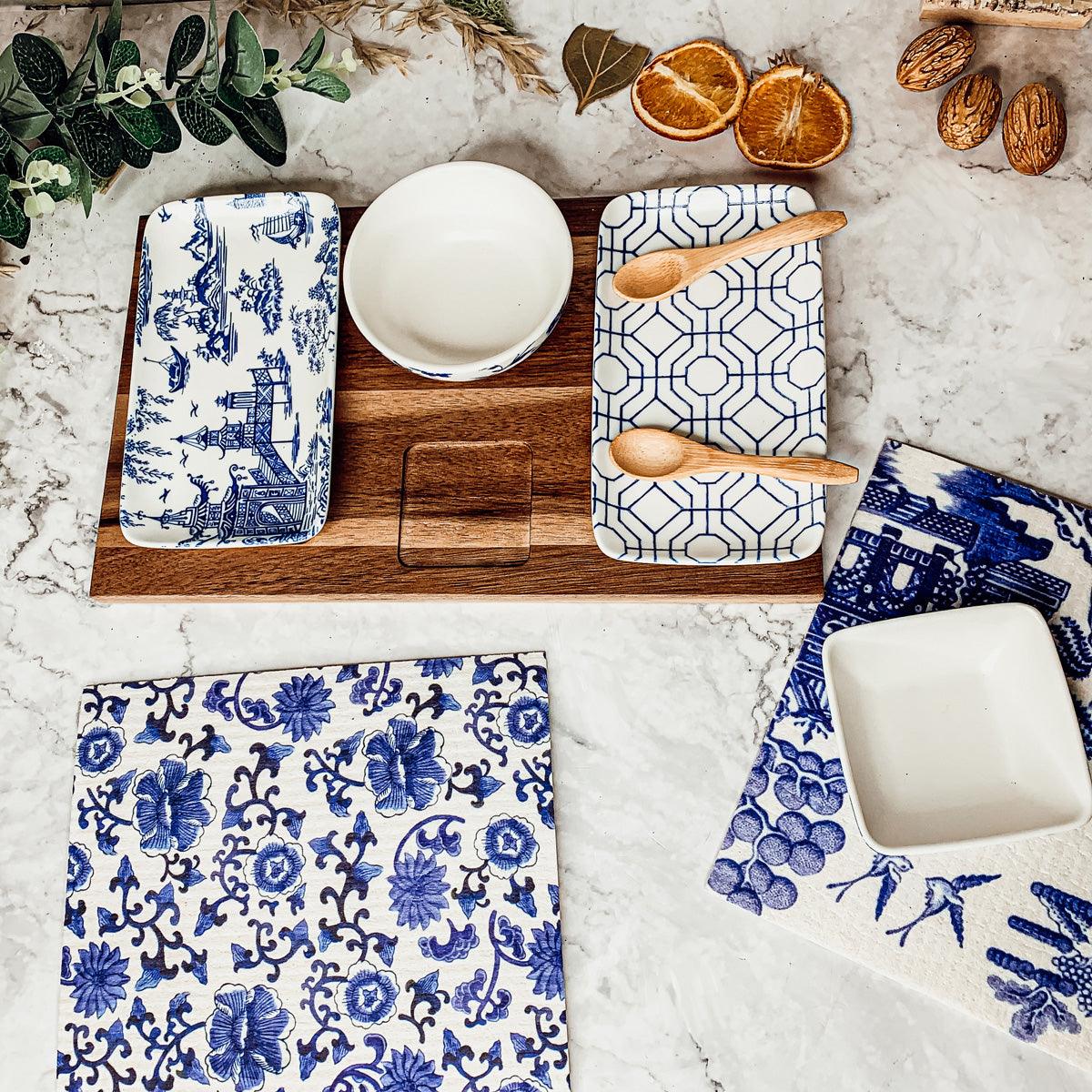 Chinoiserie Tapas Serving Set - 7 Piece Blue & White Porcelain