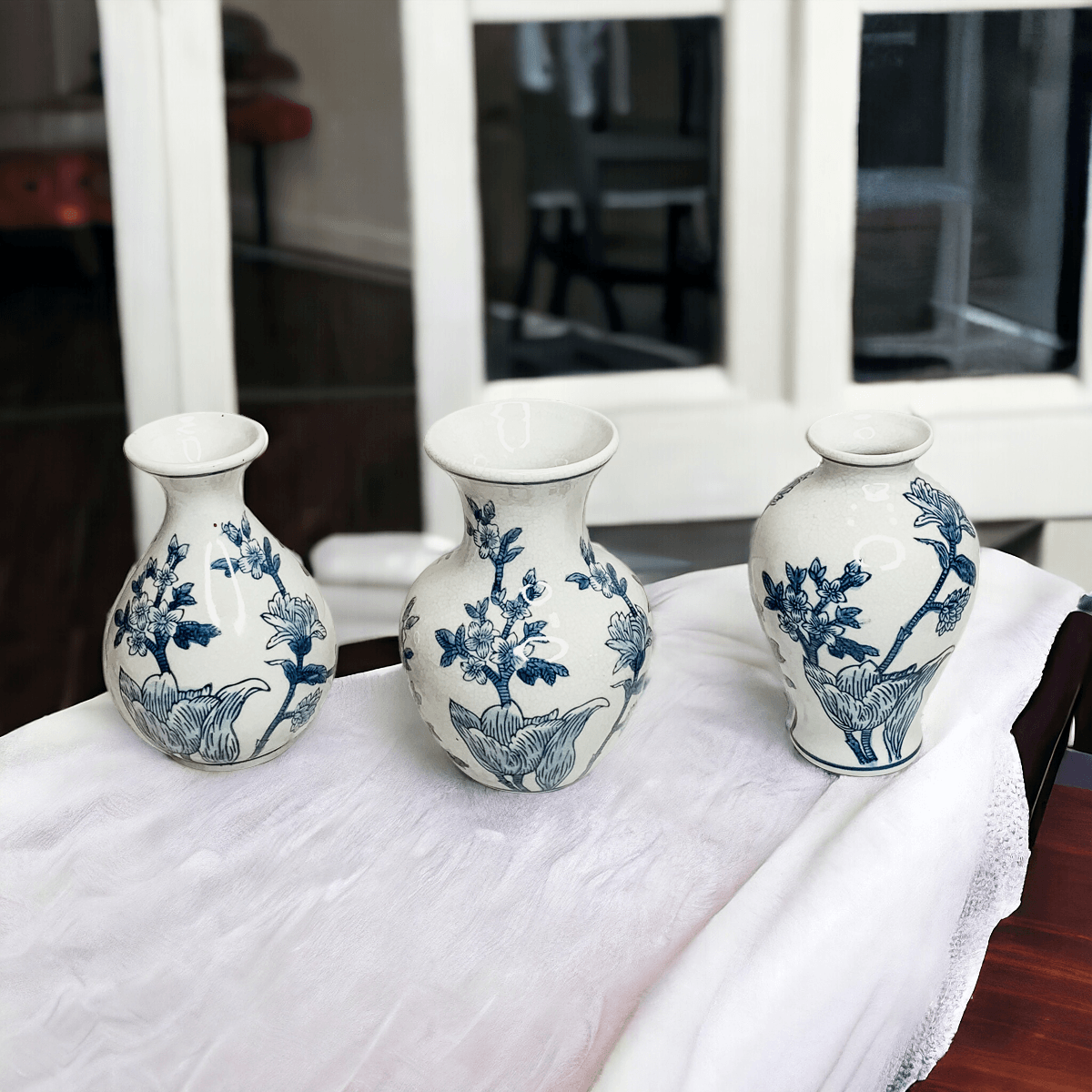 Japanese Floral Chinoiserie Vases - Blue & White Set of 3