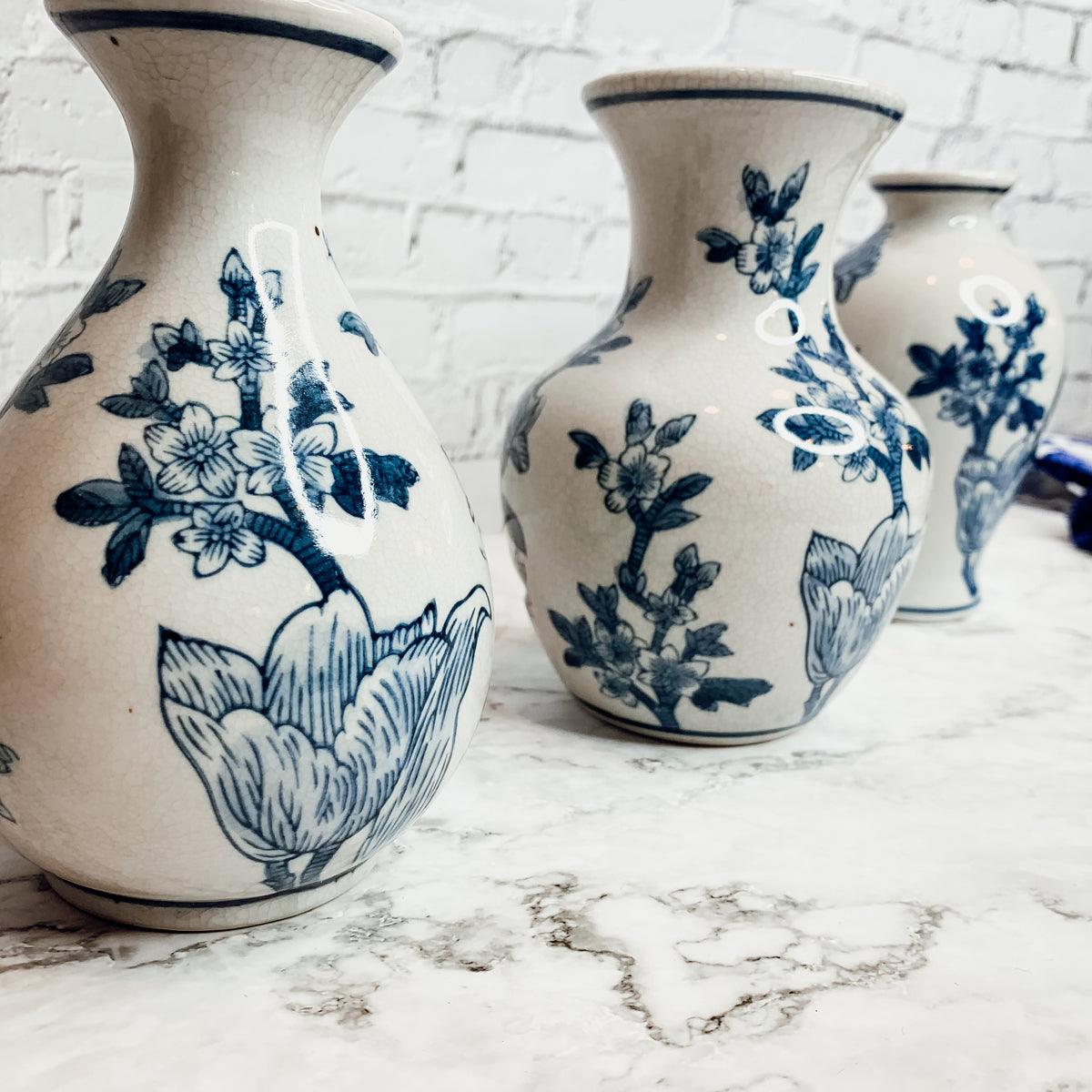 Japanese Floral Chinoiserie Vases - Blue & White Set of 3