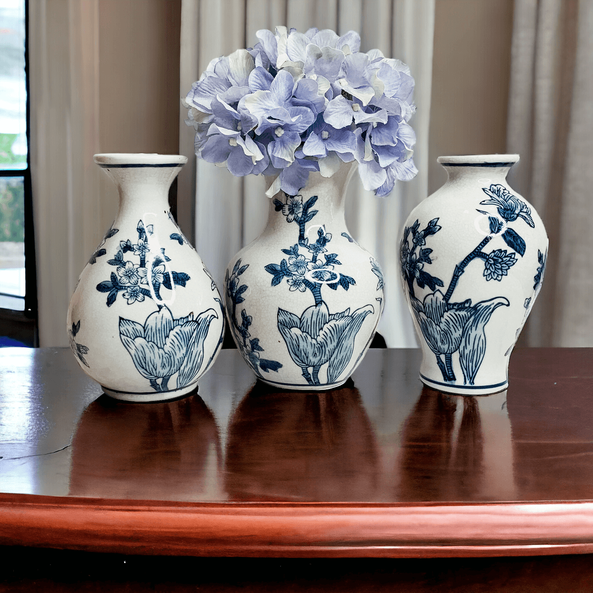 Japanese Floral Chinoiserie Vases - Blue & White Set of 3
