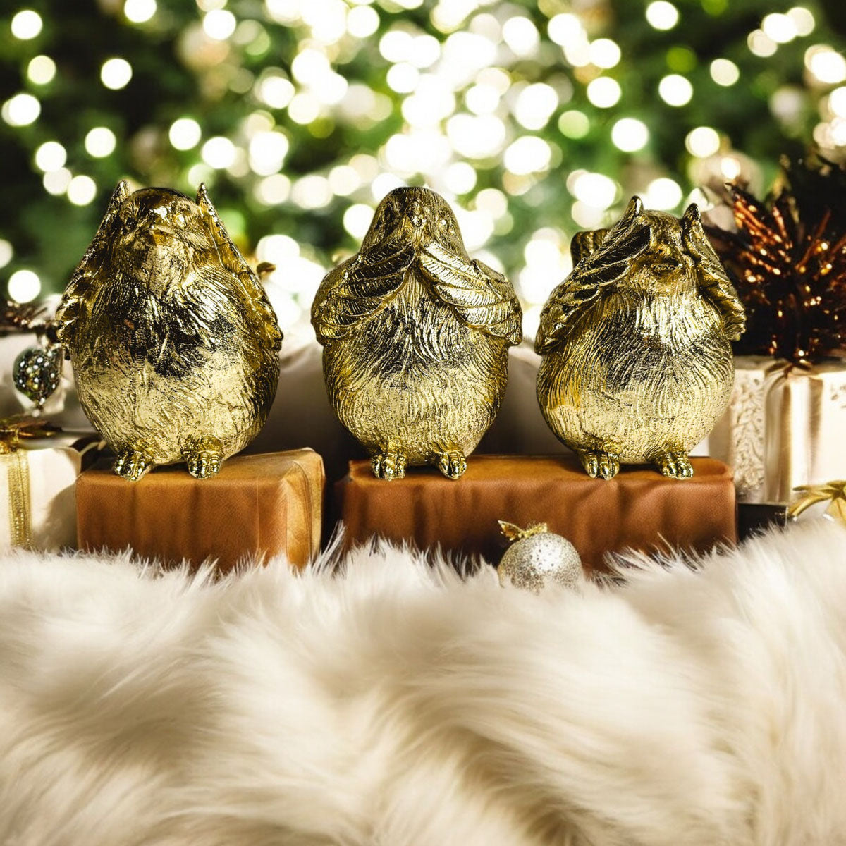 3 Wise Birds Gold Resin Figurine Set - See Speak Hear No Evil