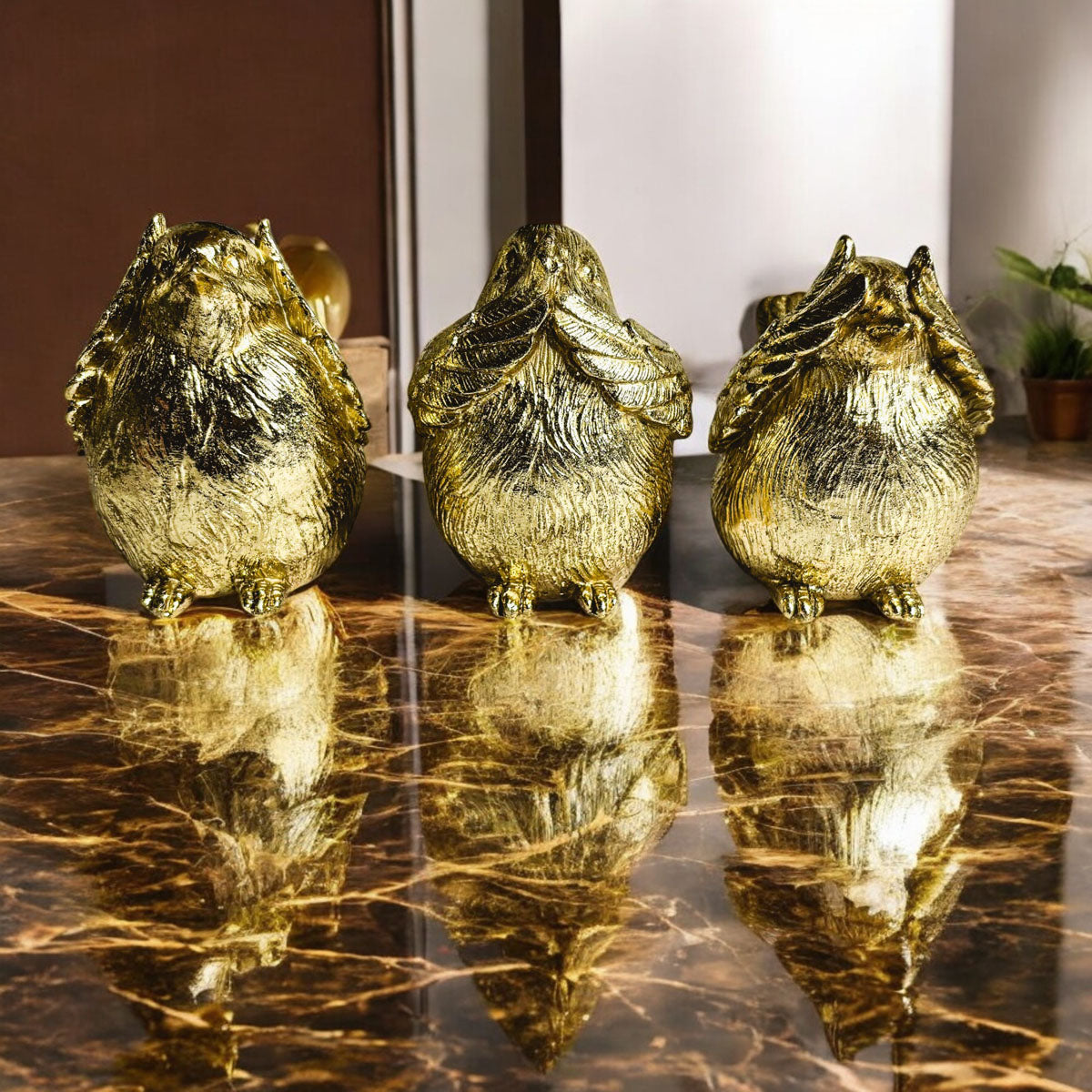 3 Wise Birds Gold Resin Figurine Set - See Speak Hear No Evil