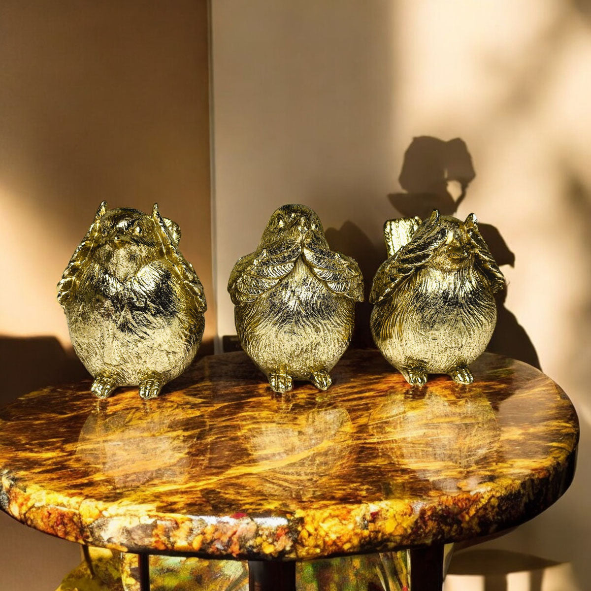 3 Wise Birds Gold Resin Figurine Set - See Speak Hear No Evil
