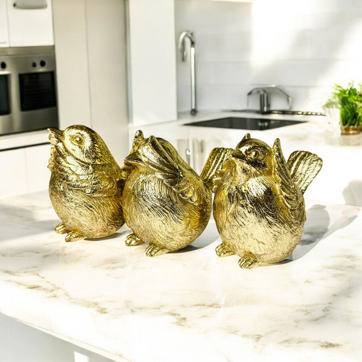 3 Wise Birds Gold Resin Figurine Set - See Speak Hear No Evil