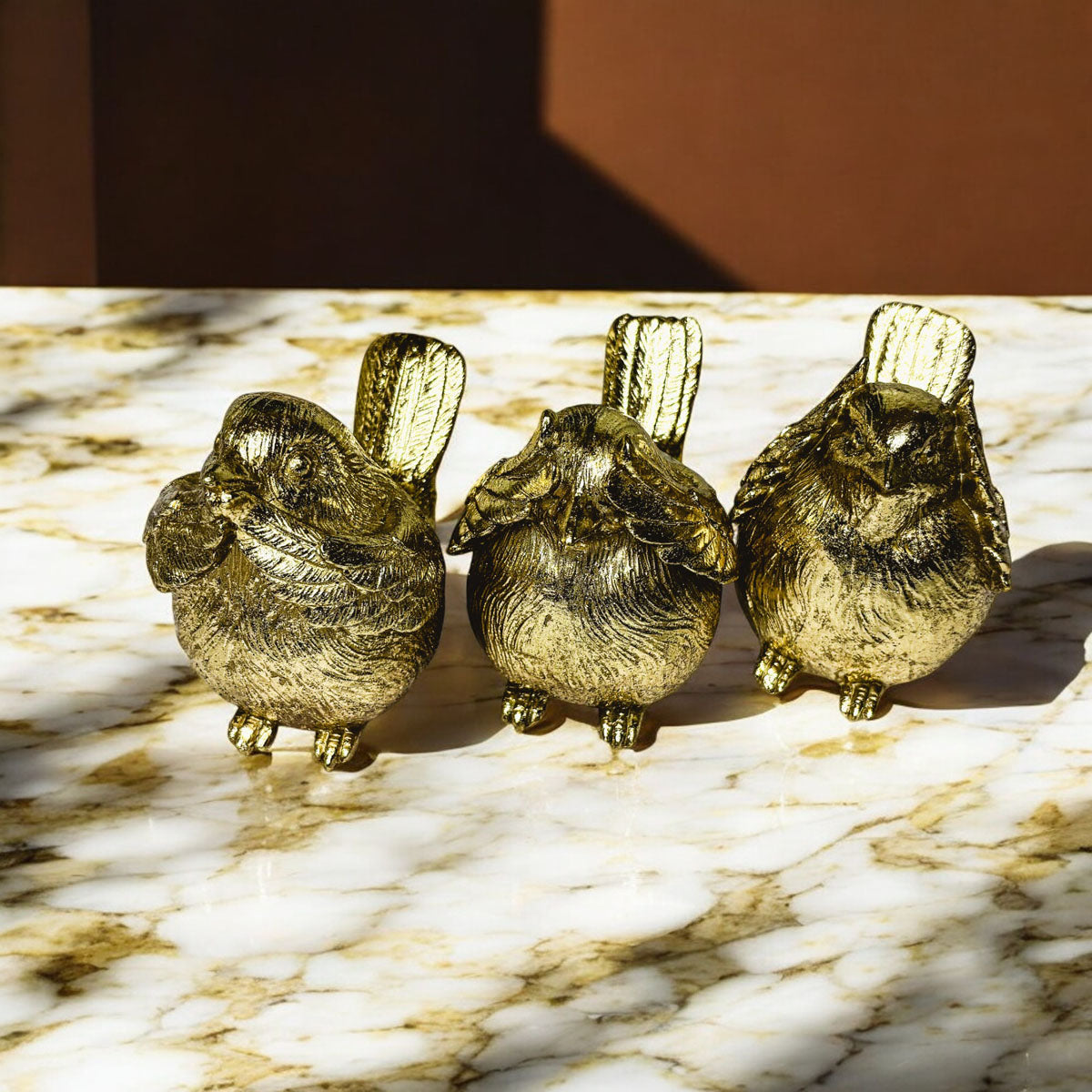 3 Wise Birds Gold Resin Figurine Set - See Speak Hear No Evil