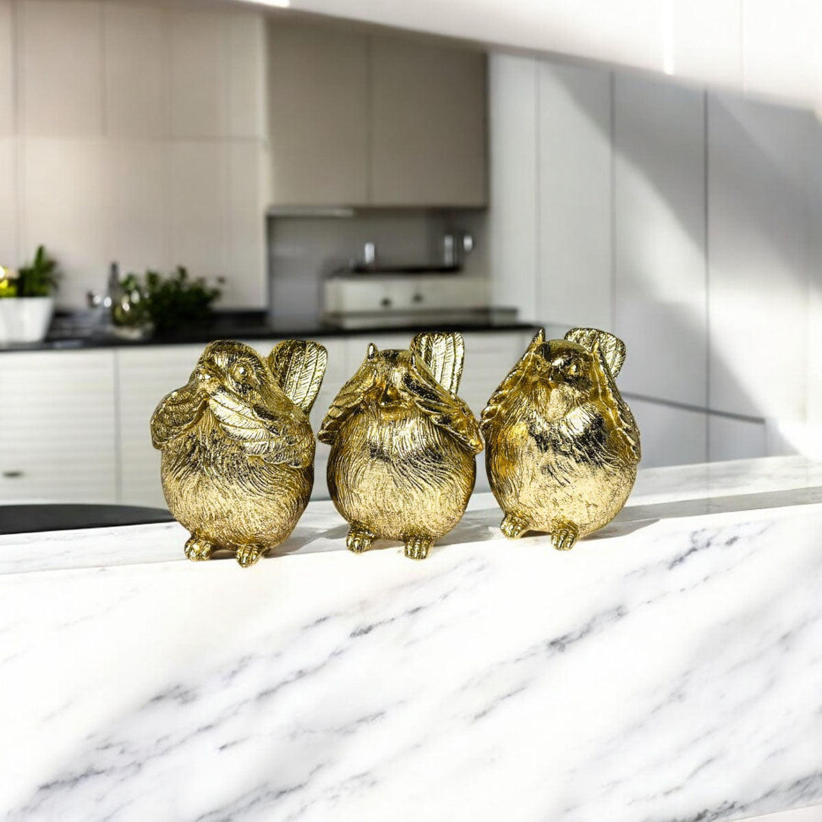 3 Wise Birds Gold Resin Figurine Set - See Speak Hear No Evil