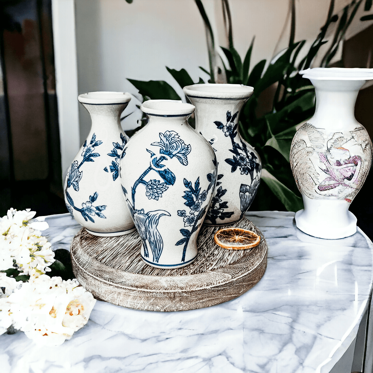 Japanese Floral Chinoiserie Vases - Blue & White Set of 3
