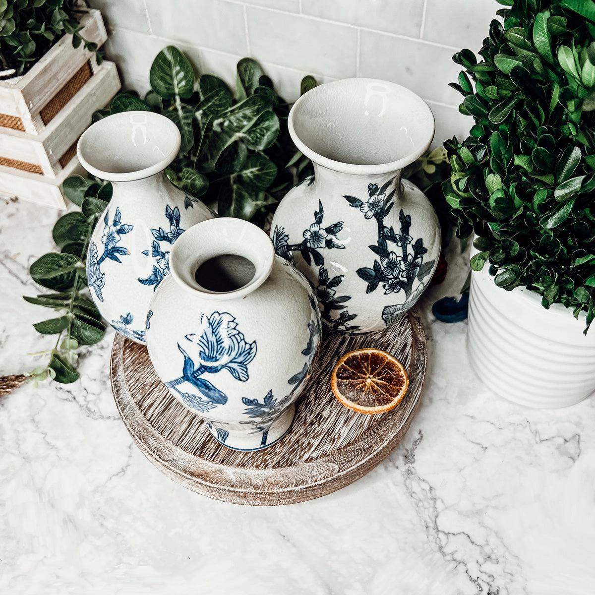 Japanese Floral Chinoiserie Vases - Blue & White Set of 3