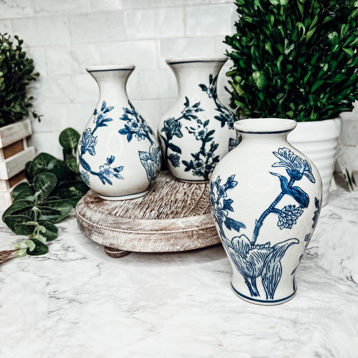 Japanese Floral Chinoiserie Vases - Blue & White Set of 3