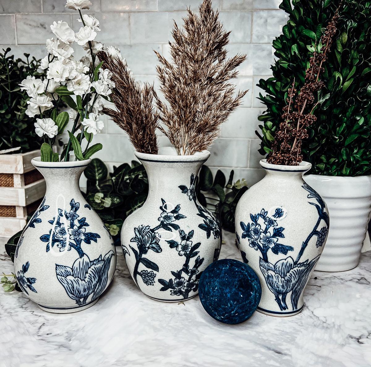 Japanese Floral Chinoiserie Vases - Blue & White Set of 3