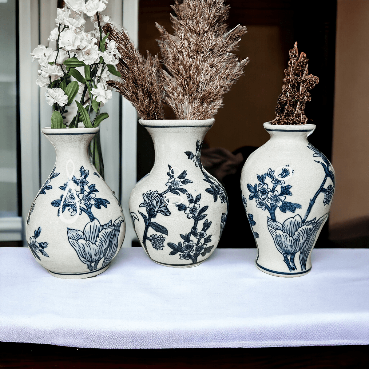 Japanese Floral Chinoiserie Vases - Blue & White Set of 3