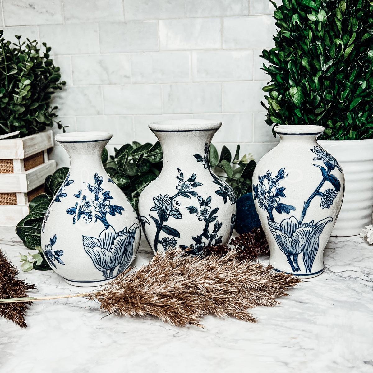 Japanese Floral Chinoiserie Vases - Blue & White Set of 3
