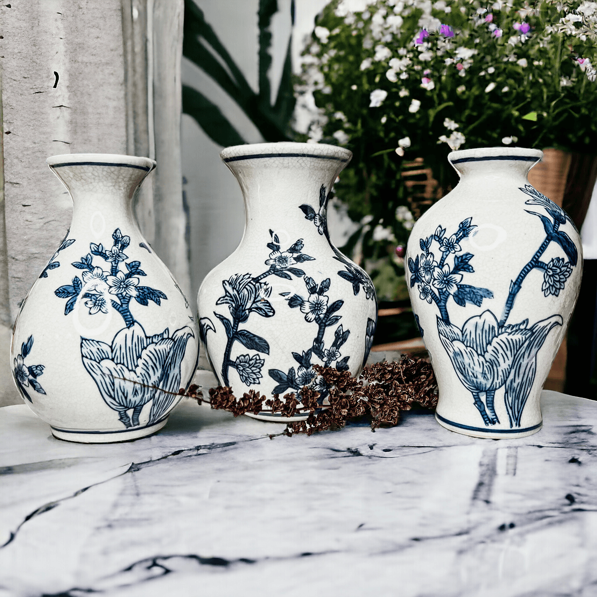 Japanese Floral Chinoiserie Vases - Blue & White Set of 3