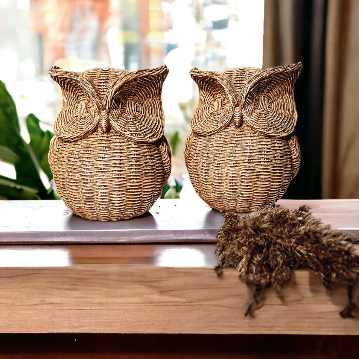 Basket Weave Owl Figurine - Resin Decorative Statue 5.5"H