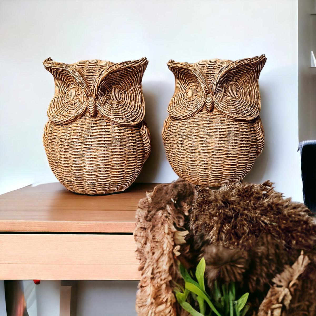 Basket Weave Owl Figurine - Resin Decorative Statue 5.5"H