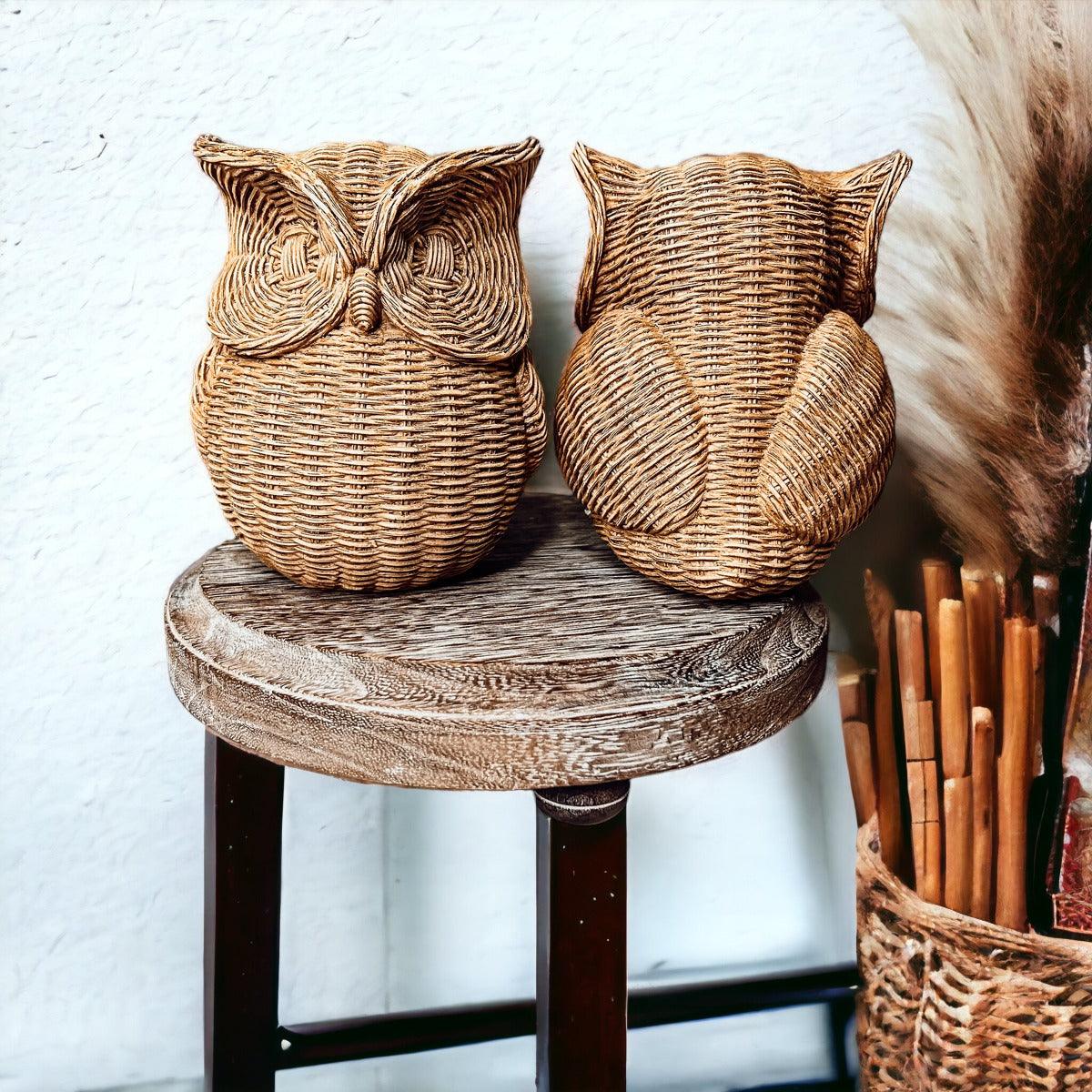Basket Weave Owl Figurine - Resin Decorative Statue 5.5"H