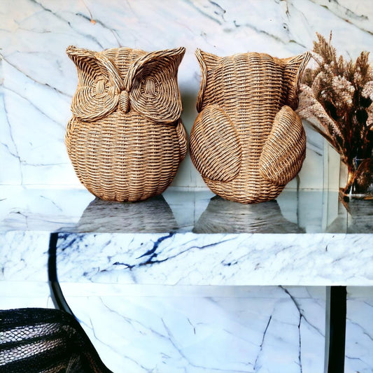 Basket Weave Owl Figurine - Resin Decorative Statue 5.5"H