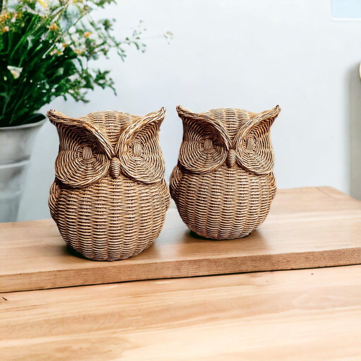 Basket Weave Owl Figurine - Resin Decorative Statue 5.5"H