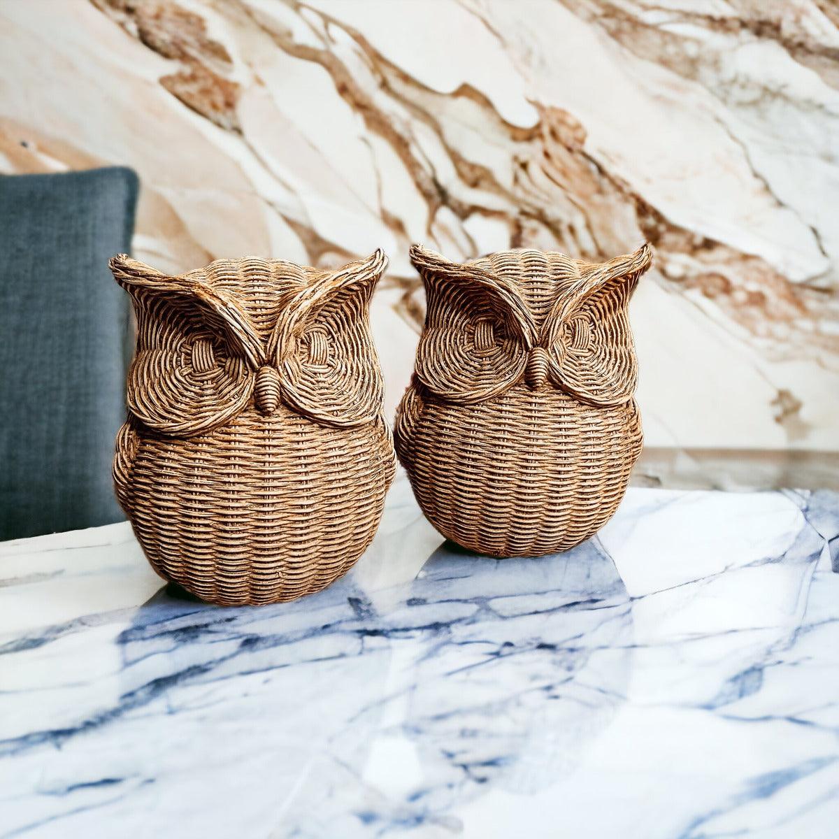 Basket Weave Owl Figurine - Resin Decorative Statue 5.5"H