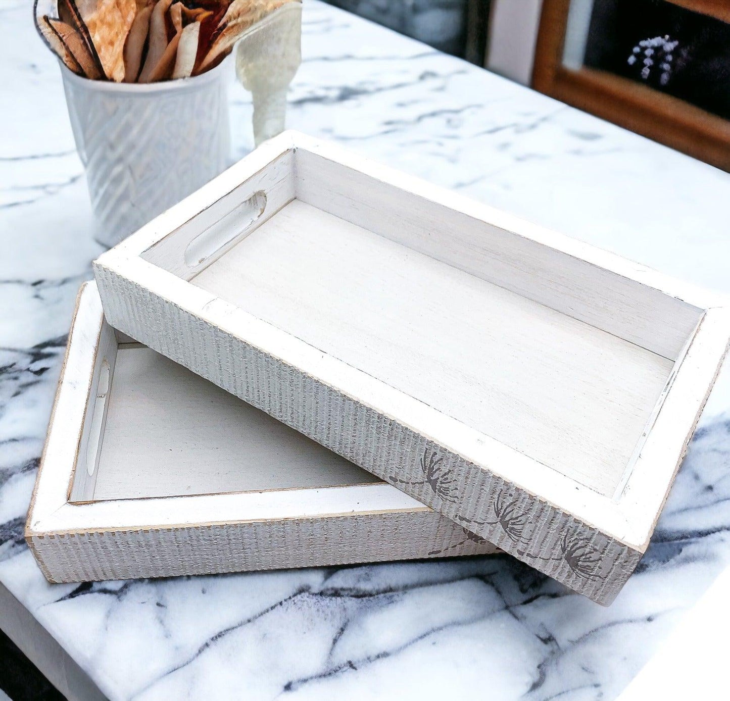 Farmhouse Dandelion Wooden Tray - 10x6 Distressed White