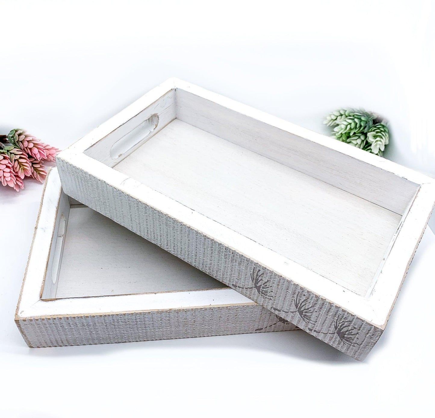 Farmhouse Dandelion Wooden Tray - 10x6 Distressed White