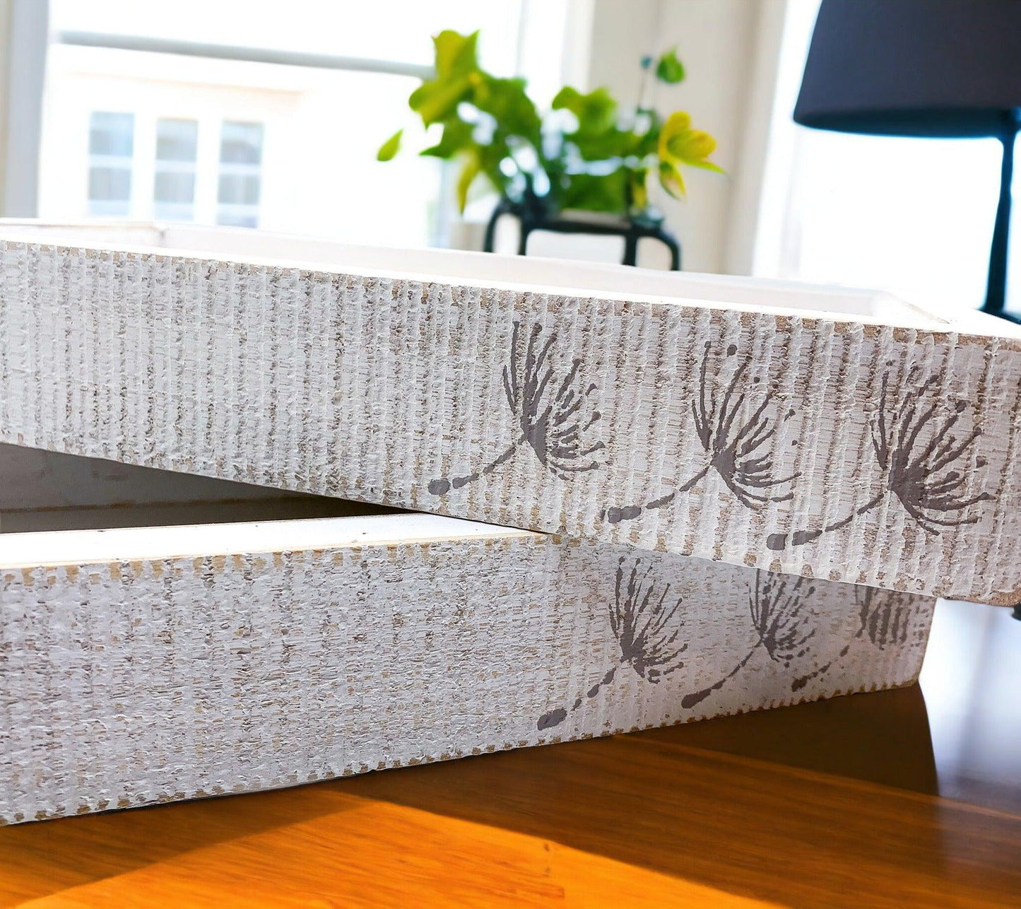 Farmhouse Dandelion Wooden Tray - 10x6 Distressed White