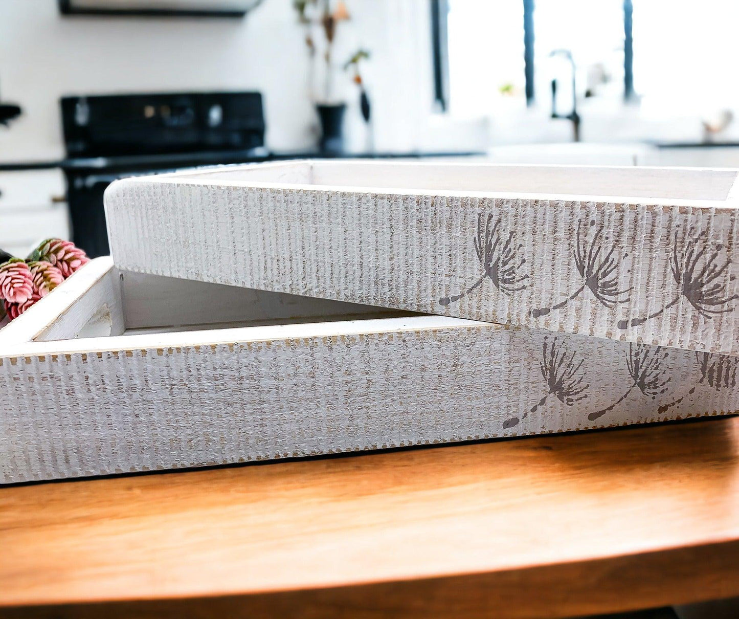 Farmhouse Dandelion Wooden Tray - 10x6 Distressed White