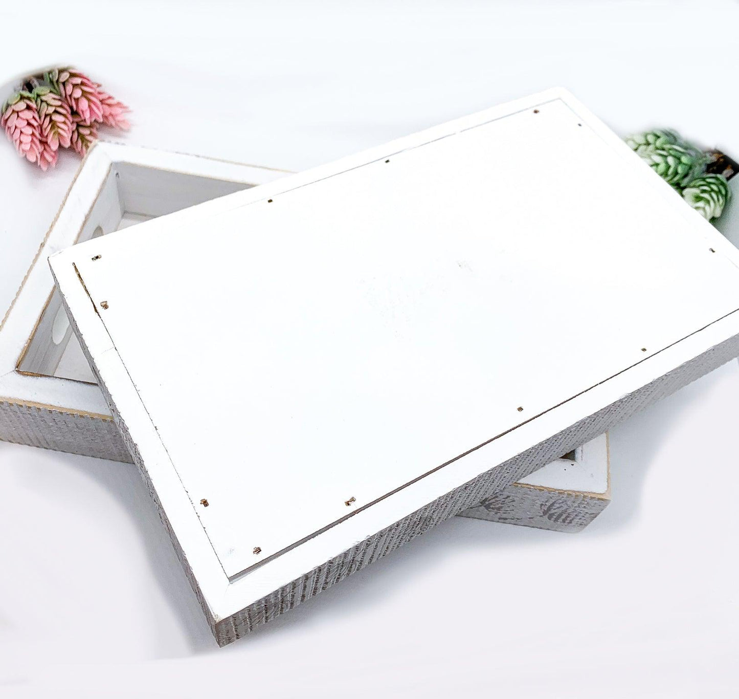 Farmhouse Dandelion Wooden Tray - 10x6 Distressed White
