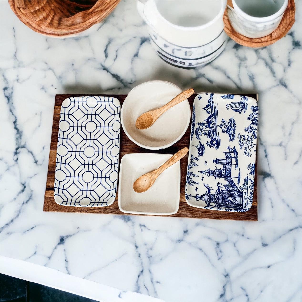 Chinoiserie Tapas Serving Set - 7 Piece Blue & White Porcelain