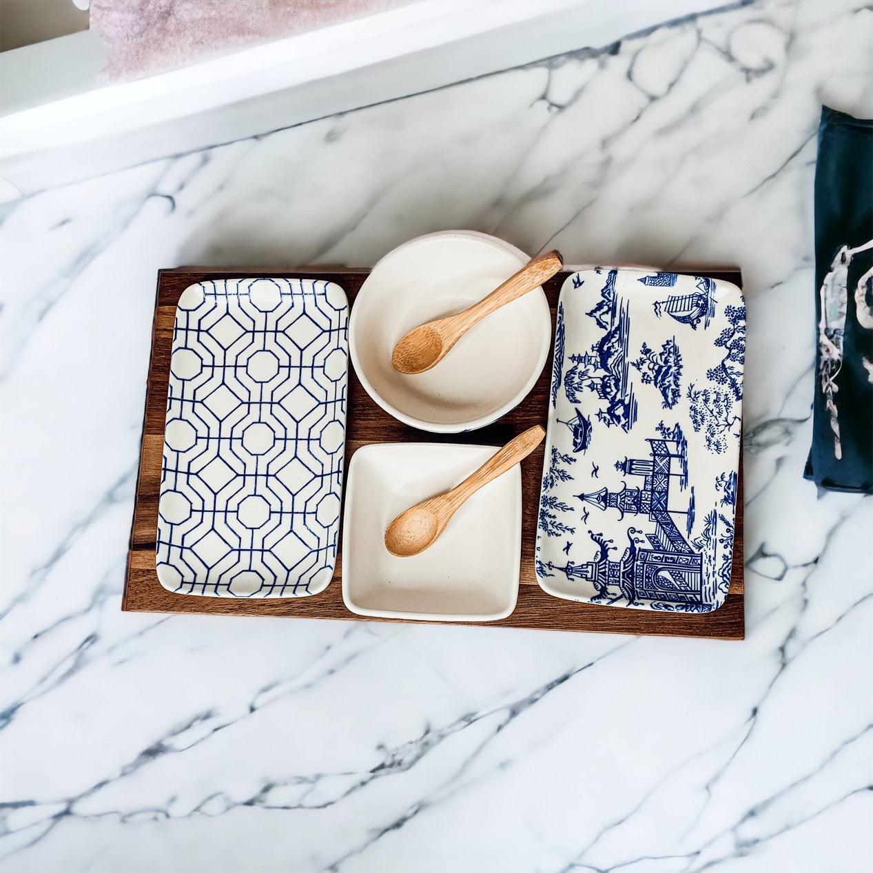 Chinoiserie Tapas Serving Set - 7 Piece Blue & White Porcelain
