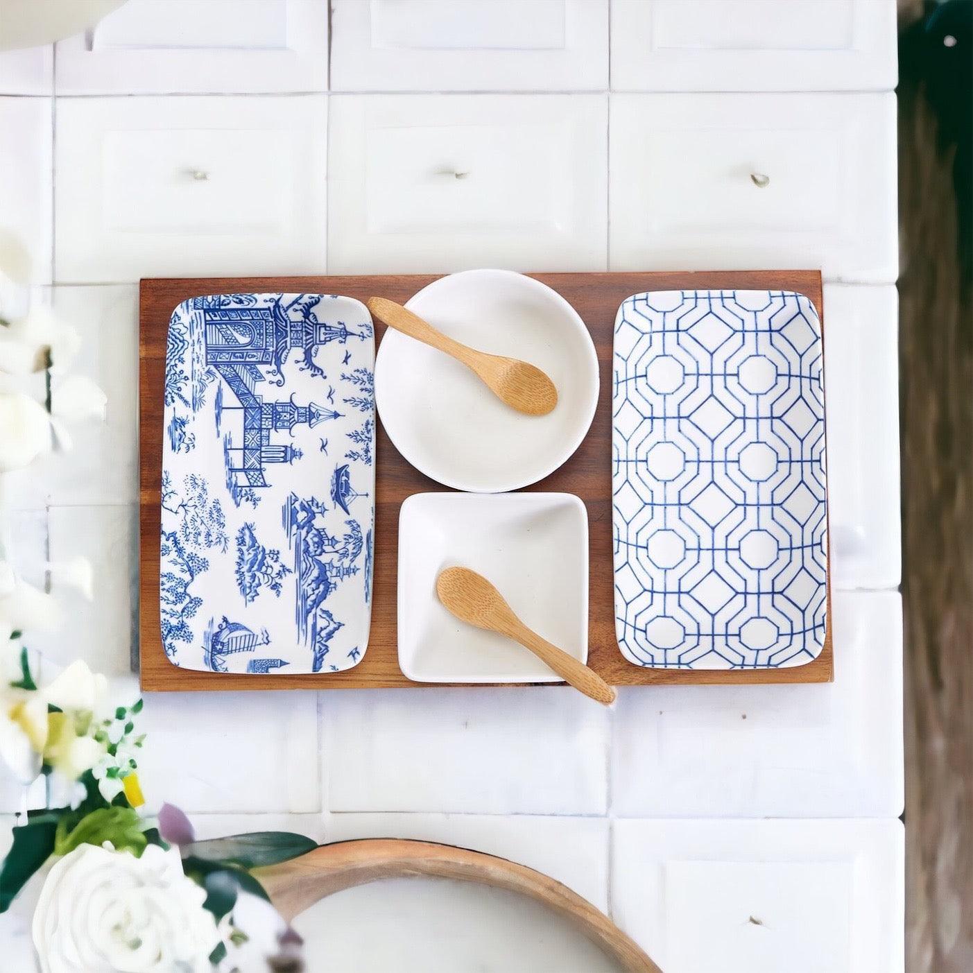 Chinoiserie Tapas Serving Set - 7 Piece Blue & White Porcelain