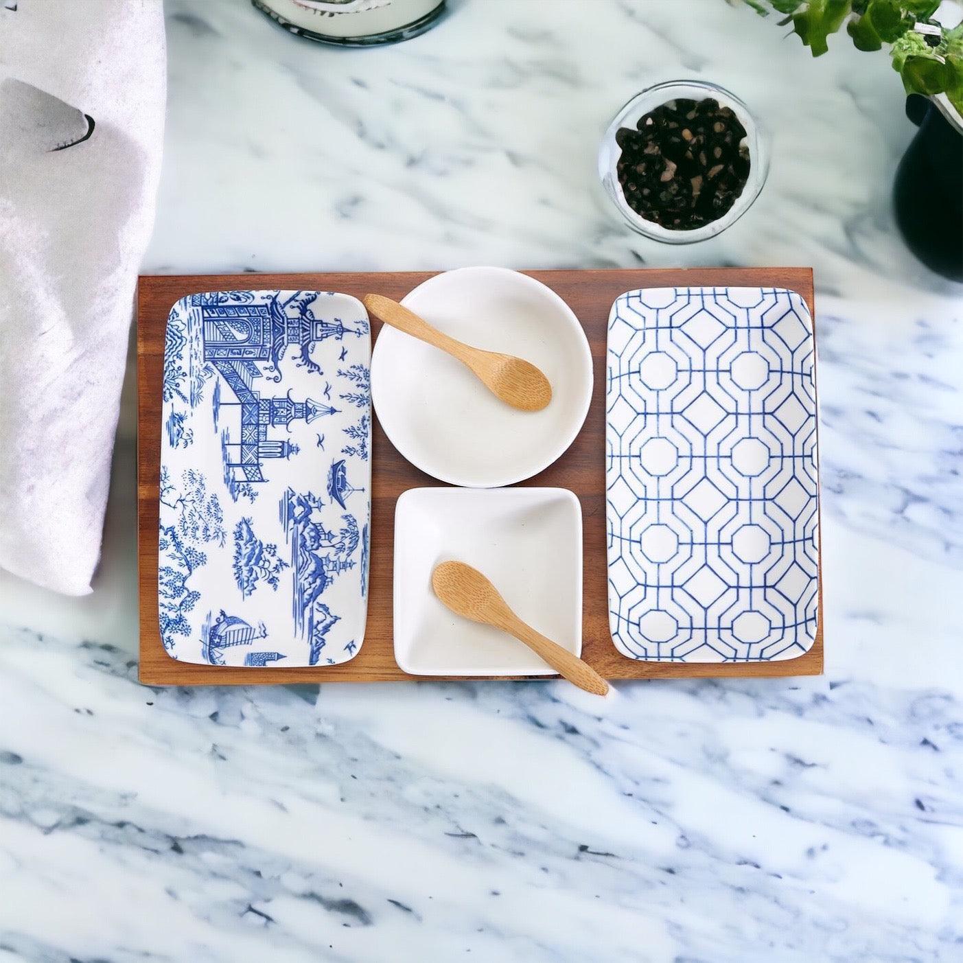 Chinoiserie Tapas Serving Set - 7 Piece Blue & White Porcelain