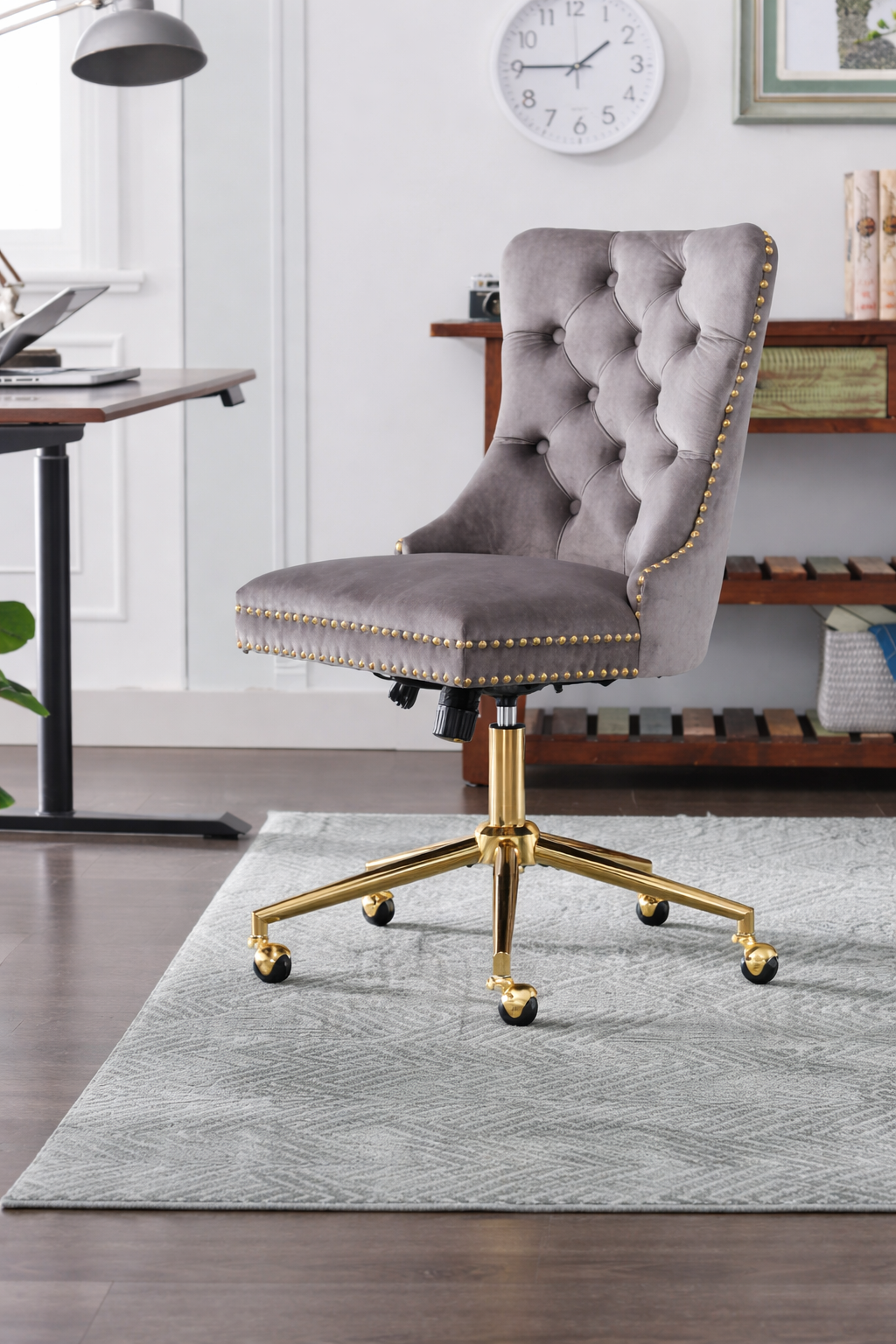 Tufted Velvet Ergonomic Office Chair with Gold Swivel Base