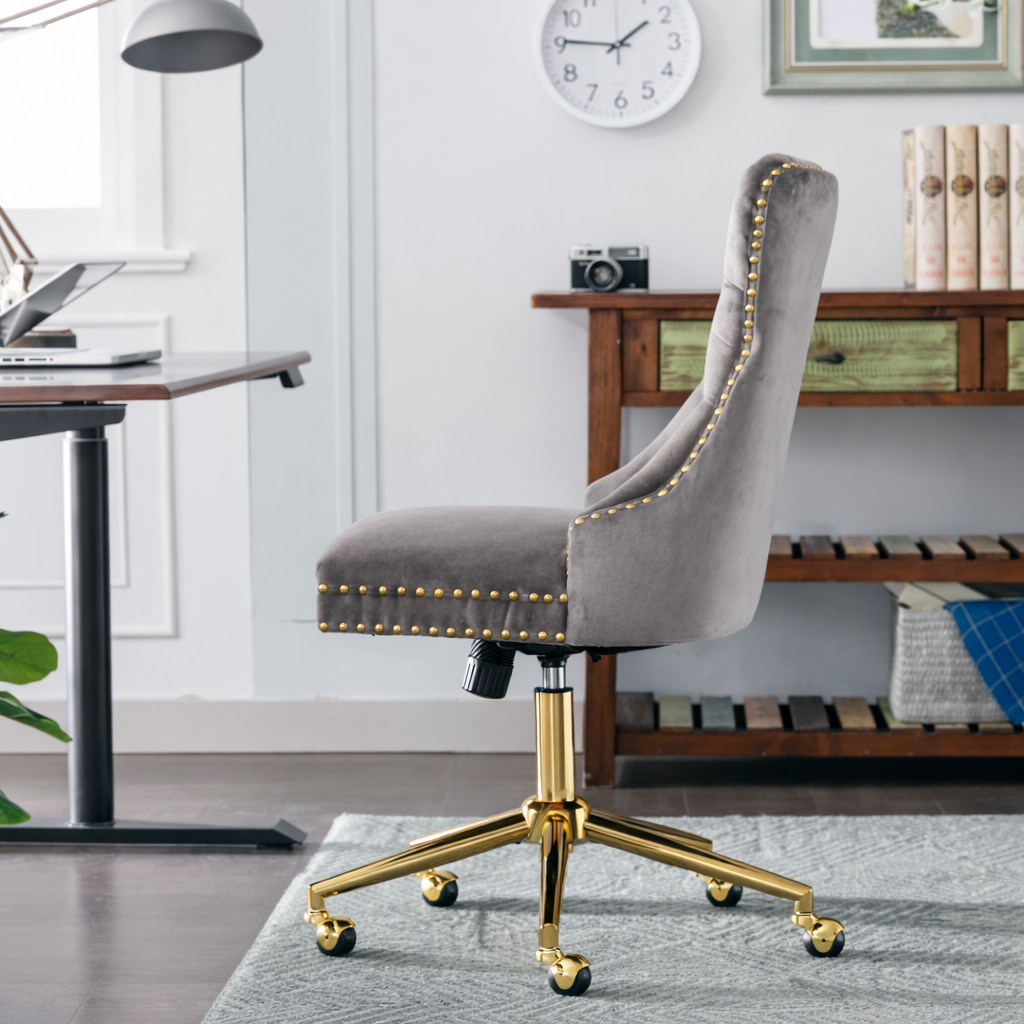 Tufted Velvet Ergonomic Office Chair with Gold Swivel Base