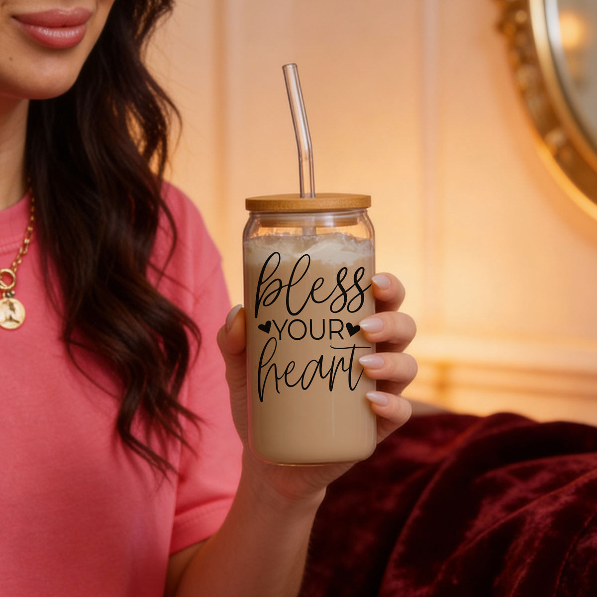 Bless Your Heart 20oz Glass Cup with Bamboo Lid