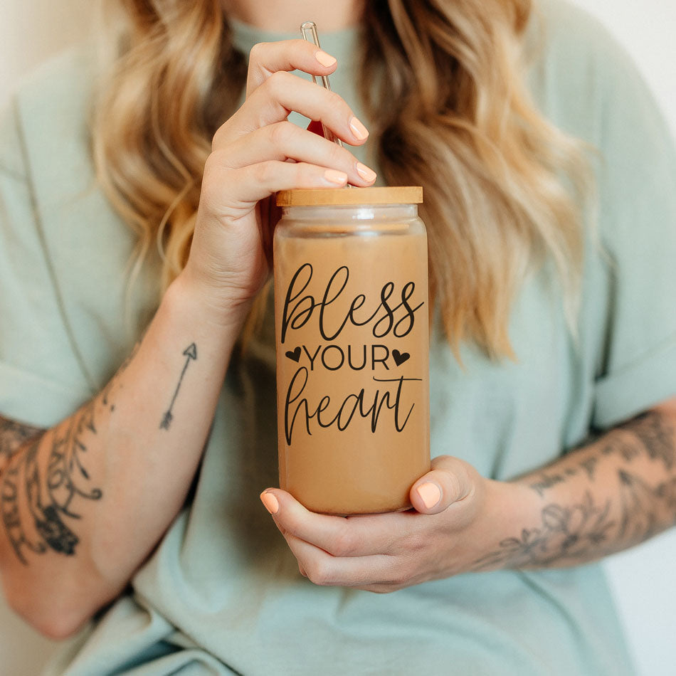 Bless Your Heart 20oz Glass Cup with Bamboo Lid