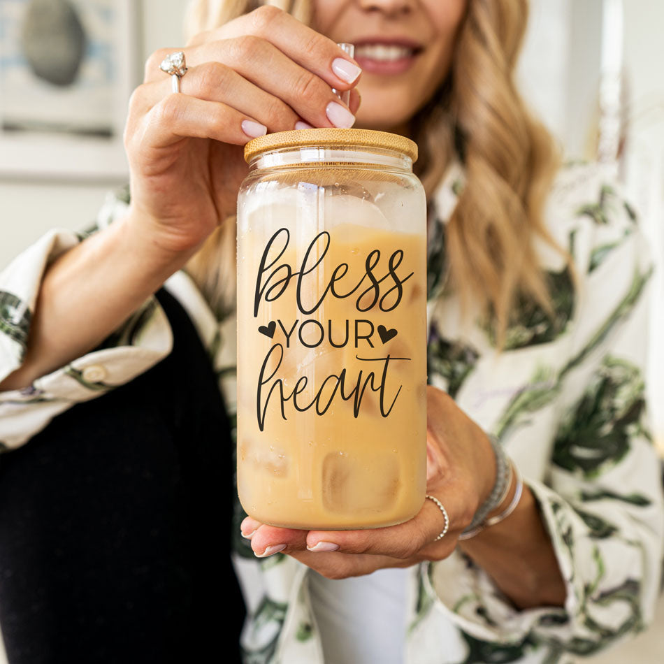 Bless Your Heart 20oz Glass Cup with Bamboo Lid