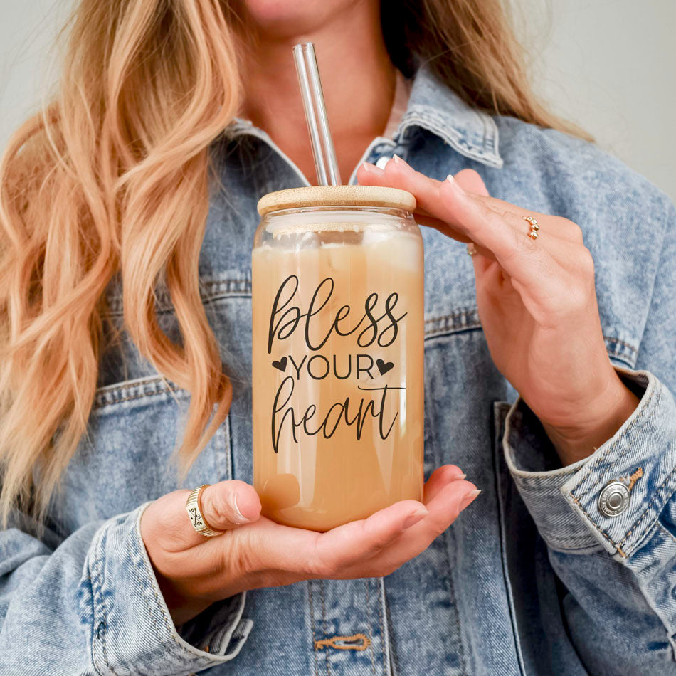 Bless Your Heart 20oz Glass Cup with Bamboo Lid