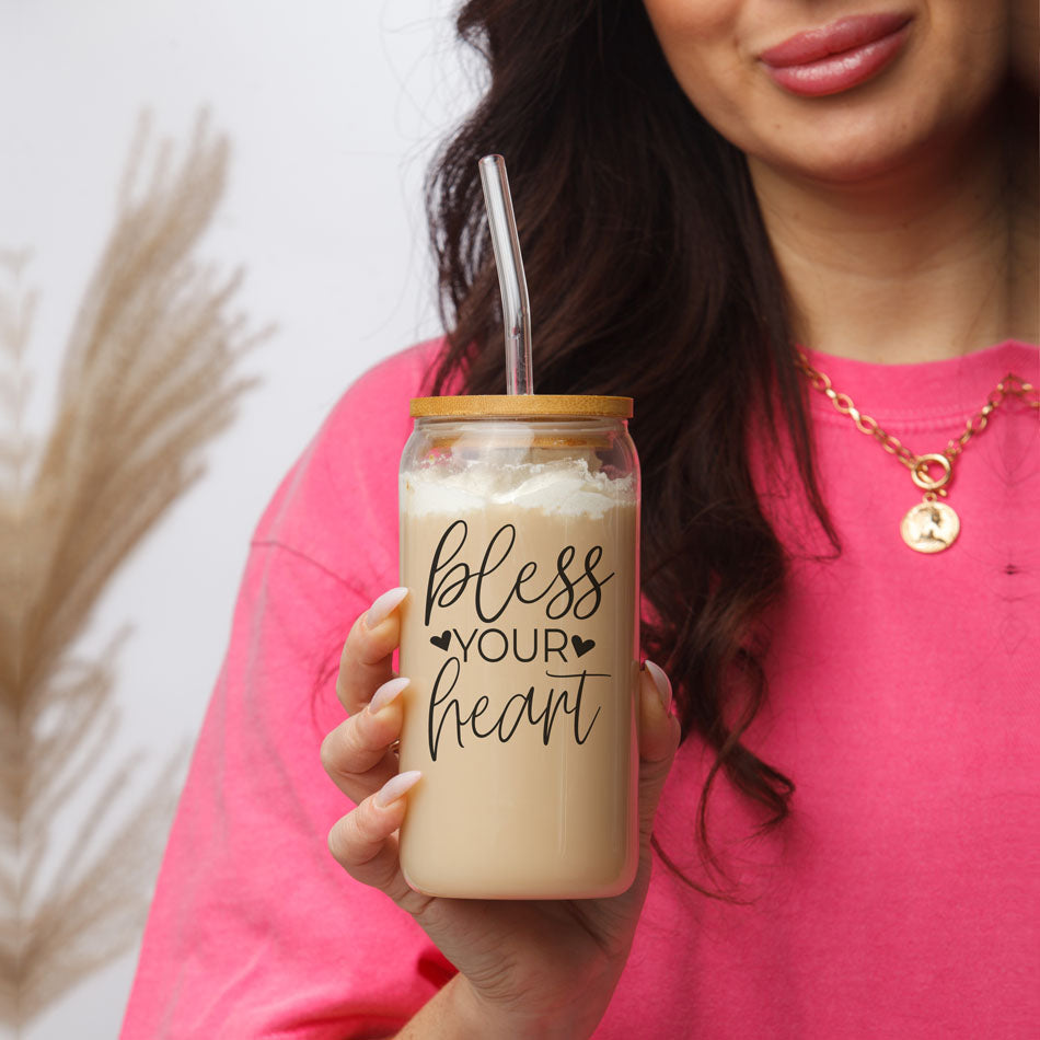 Bless Your Heart 20oz Glass Cup with Bamboo Lid